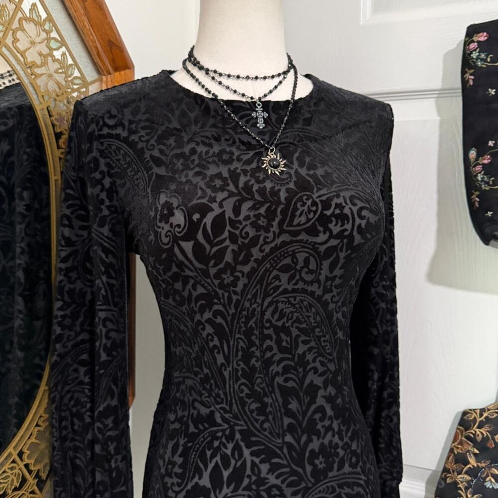 Lauren Ralph Lauren Black Velvet Burnout Paisley Long Sleeve High Neck Goth Top - Picture 2 of 8